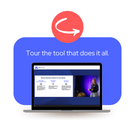 a rounded blue box with the words Tour the tool that does it all in white font and a screenshot of Xyvid Pro platform on laptop